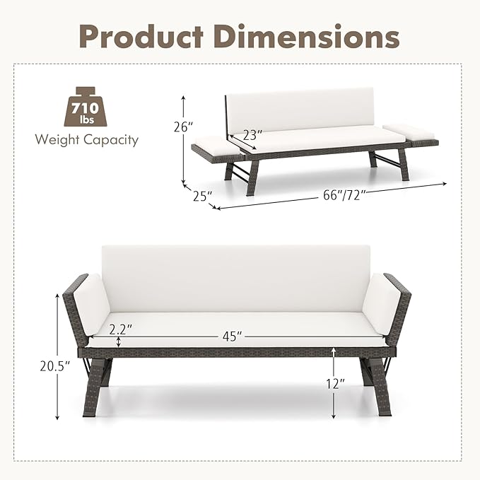 Tangkula Outdoor Convertible Sofa Daybed with Adjustable Armrests, PE Rattan Patio Couch Furniture with Removable Cushions, Patio Chaise Lounge Loveseat for Porch, Balcony, Backyard, Poolside