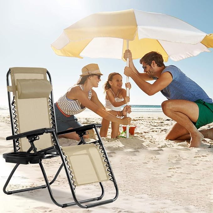 Dkeli Zero Gravity Chair Patio Chair Lounge Chair Chaise 2 Pack Outdoor Folding Adjustable Recliner Chair with Cup Holder Tray and Pillows for Patio, Pool, Beach, Lawn, Deck, Yard - Tan