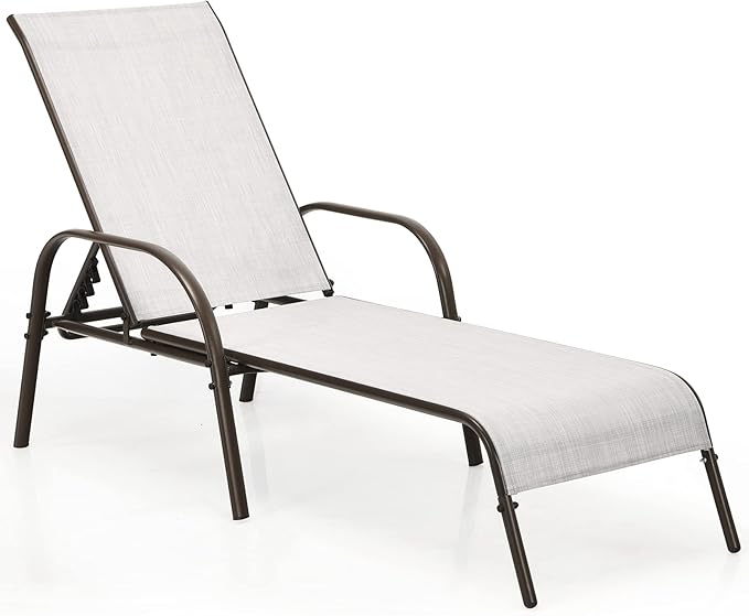 COSTWAY Outdoor Patio Lounge Chair Chaise Fabric Adjustable Reclining Armrest Pool (Grey)