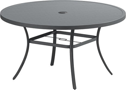 Patio Dining Table for 6-8, Round Metal Outdoor Table with 1.57" Umbrella Hole, 53" Outdoor Slat Tabletop Dining Table for Backyard, Porch, Lawn, Dark Grey