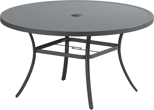 Patio Dining Table for 6-8, Round Metal Outdoor Table with 1.57" Umbrella Hole, 53" Outdoor Slat Tabletop Dining Table for Backyard, Porch, Lawn, Dark Grey