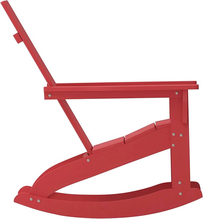 Flash Furniture Finn Modern Commercial Grade Poly Resin Wood Adirondack Rocking Chair - All Weather Red Polystyrene - Dual Slat Back - Stainless Steel Hardware