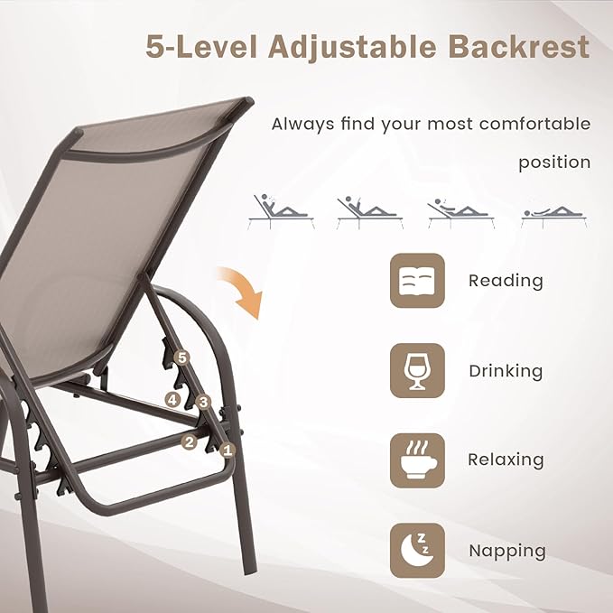 Giantex 2 Pack Patio Lounge Chair, Outdoor Chaise Lounge with 5 Adjustable Backrest, Sturdy Steel Frame - Photo 3
