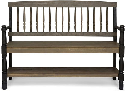 Merax 51" Outdoor Bench with Storage, Acacia Wood Metal Frame Chair Furniture for Garden Patio, Porch, Backyard, Park
