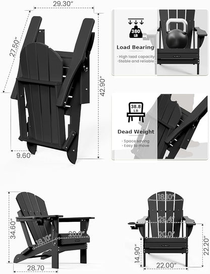 MUCHENGHY Folding Adirondack Chairs 4 Pack, Patio Chairs, Fire Pit Chairs, Outdoor Chairs, Plastic Adirondack Chairs, Lawn Chairs Weather Resistant with Cup Holder for Deck, Backyard, Garden(Black)