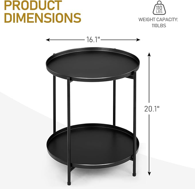 Outvita 2 Tier End Table, Metal Side Table with Removable Tray Indoor and Outdoor - Photo 3