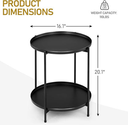Outvita 2 Tier End Table, Metal Side Table with Removable Tray Indoor and Outdoor,Small Waterproof Accent Table for Bedroom Balcony Patio Living Room and Office, Set of 2(Black)