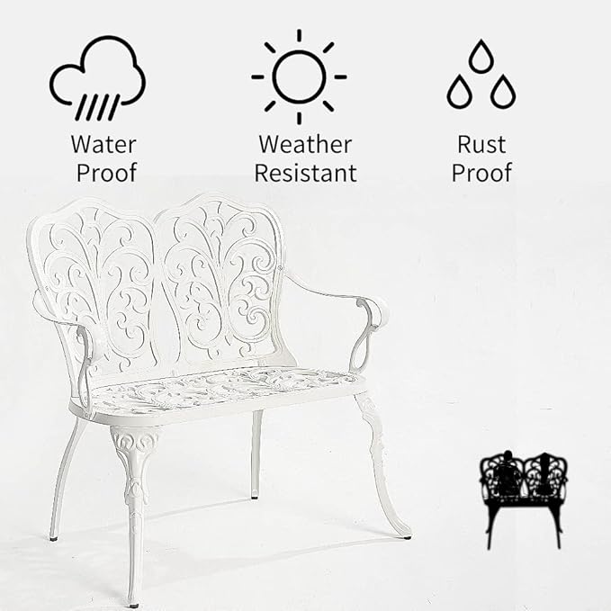 Patio Aluminum Outdoor Bench, Garden Metal Loveseat Furniture, Vintage Carving Antique White Front Porch Chair Seat