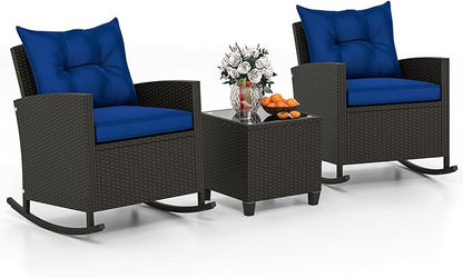 Tangkula 3 Piece Wicker Rocking Set, Patio Rattan Roker Chairs with Tempered Glass Table & Soft Cushions, Outdoor Furniture Set for Backyard, Poolside Porch (Navy)