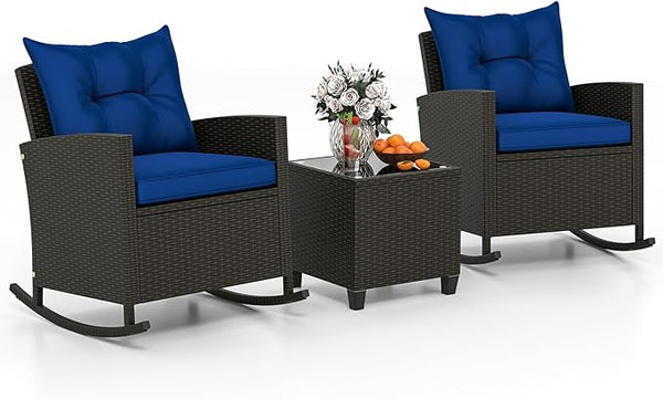 Tangkula 3 Piece Wicker Rocking Set, Patio Rattan Roker Chairs with Tempered Glass Table & Soft Cushions - Photo 1