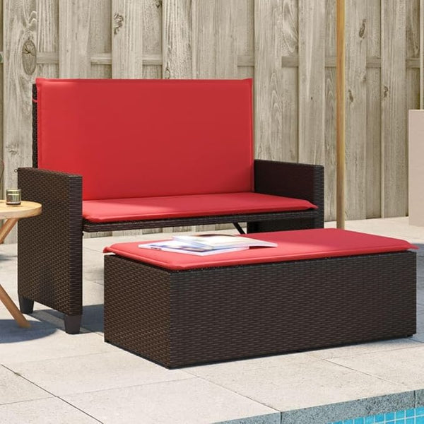 Patio Bench with Cushions and Footstool Brown Poly Rattan Garden Bench Park for Garden Lawn - Photo 1