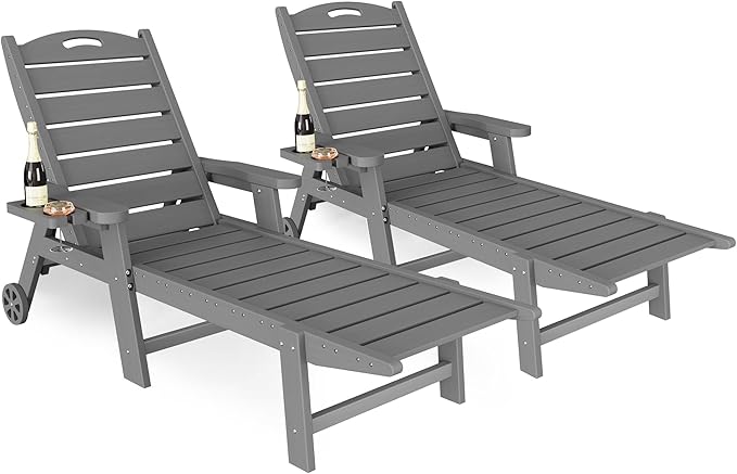 UDPATIO Outdoor Chaise Lounge Chair, HDPE Patio Lounge Chairs for Outside with Wheels & Cup Holder, Reclining Seating with 5 Position for Poolside Deck Garden Indoor,Grey,2PCS