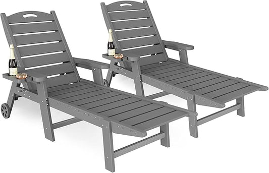 UDPATIO Outdoor Chaise Lounge Chair, HDPE Patio Lounge Chairs for Outside with Wheels & Cup Holder, Reclining Seating with 5 Position for Poolside Deck Garden Indoor,Grey,2PCS