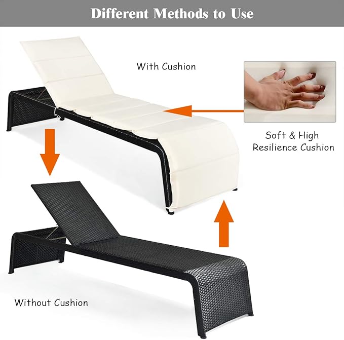 COSTWAY Patio Rattan Lounge Chair, Cushioned Chaise Recliner Chair with Adjustable Back - Photo 6