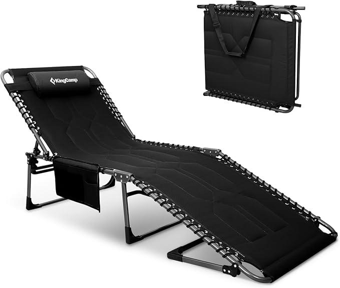 KingCamp Oversized Tanning Chair, Extra-Wide Padded Folding Chase Lounge Chairs Portable Adjustable 5-Position 440lbs Heavy Duty Lounger with Double-Layer Oxford for Outdoor Beach Patio Sun Pool Black
