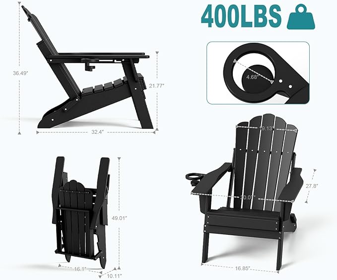 FOOWIN HDPE Adjustable Adirondack Chair Set of 8, 400lbs Heavy Duty Folding Patio Chairs with Cup Holder, 3-Position Reclining Fire Pit Seating, All-Weather Poly Lumber for Backyard, Deck - Black