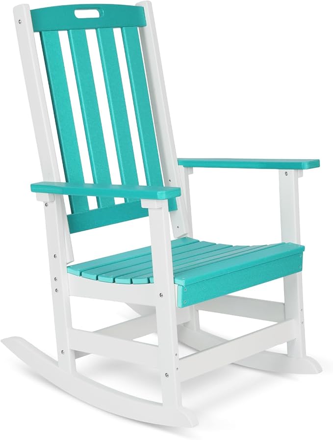 Aoodor Outdoor Rocking Chair, Ergonomic HDPE Rockers with All-Weather Design for Patio or Porch, Clashing Colors, Lake Blue and White