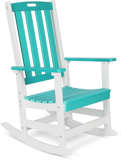 Aoodor Outdoor Rocking Chair, Ergonomic HDPE Rockers with All-Weather Design for Patio or Porch, Clashing Colors, Lake Blue and White
