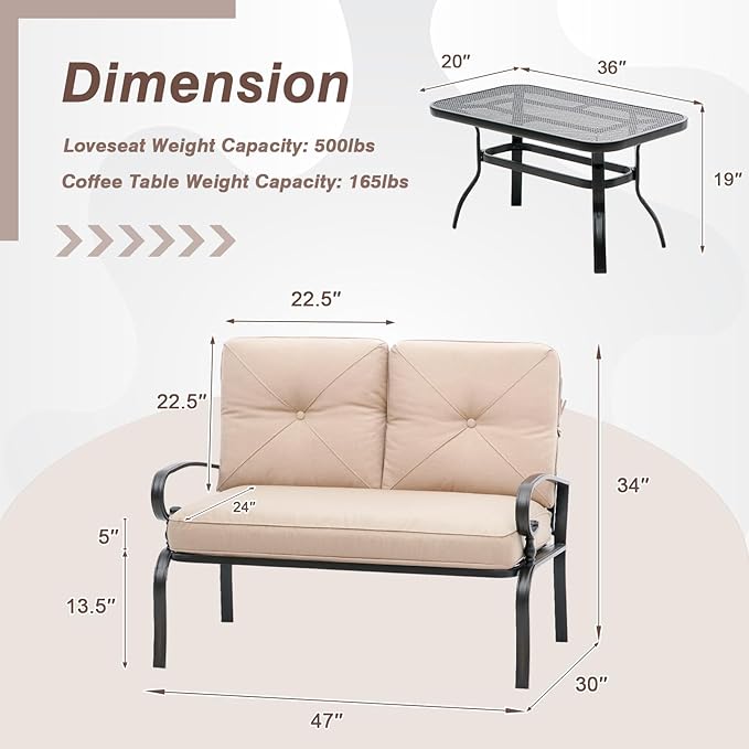 Oakcloud Outdoor 2 Pcs Patio Loveseat Bench Metal Frame Furniture Set with Thick Cushions and Coffee Table, Wrought Iron Look (Brown)