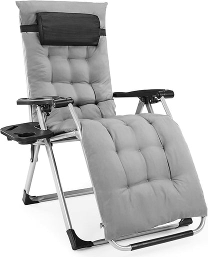 DUMOS Zero Gravity Chair, Reclining Camping Lounge Chair for Outdoor, Reclining Patio Chairs with Cup Holder Trays and Removable Cushion, Folding Recliner for Indoor, Grey