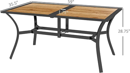 Outsunny Rectangle Outdoor Dining Table for 6 People, Faux Wood Rectangular Patio Table with Umbrella Hole, Steel Frame for Garden, Balcony, Brown