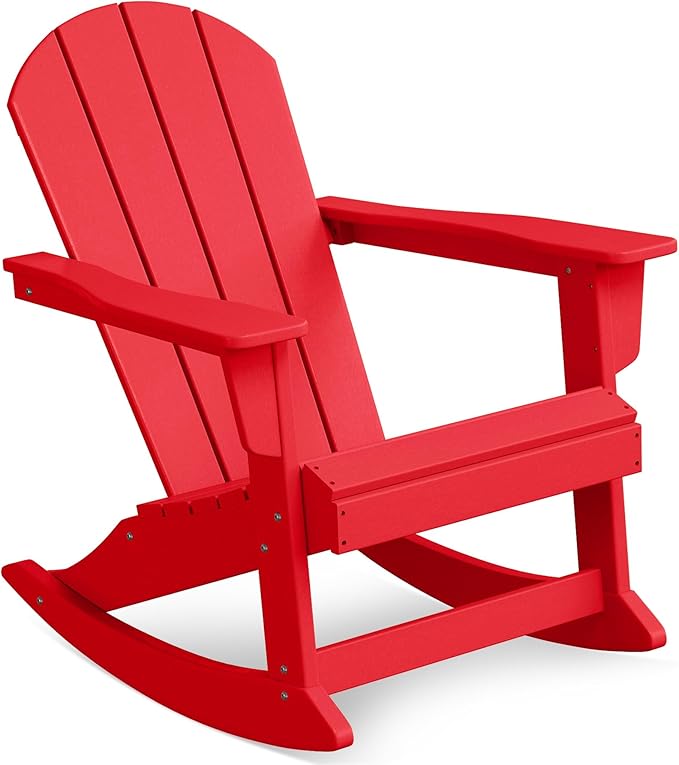 Costaelm Outdoor Adirondack Chair, All Weather Resistant Classic Balcony Chair and Fire Pit Chairs, Adirondack Plastic Outdoor Porch Furniture Rocking Chair High Back HDPE Poly Lumber, Red