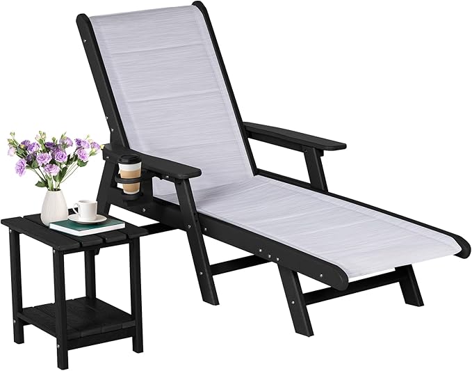 Outdoor Chaise Lounge Chair with Table, 5-Position Adjustable Patio Lounge Chair with Wheels & Cup Holder, HDPE Pool Lounge Chair for Outside, Poolside & Beach (Black+White)