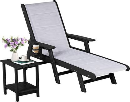 Outdoor Chaise Lounge Chair with Table, 5-Position Adjustable Patio Lounge Chair with Wheels & Cup Holder, HDPE Pool Lounge Chair for Outside, Poolside & Beach (Black+White)