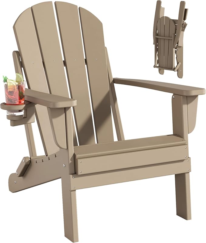 Folding Adirondack Chairs, All-Weather Resistant HDPE Patio Firepit Chairs, Sturdy Outside Chairs with Cup Holder, Lawn Chairs, 80% Pre-Installed Load Capacity 385lb, Weathered Wood