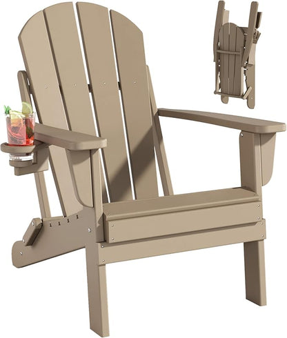 Folding Adirondack Chairs, All-Weather Resistant HDPE Patio Firepit Chairs, Sturdy Outside Chairs with Cup Holder, Lawn Chairs, 80% Pre-Installed Load Capacity 385lb, Weathered Wood