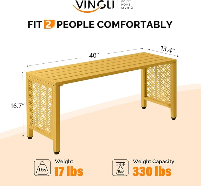 VINGLI 40in Outdoor Metal Bench, All-Weathe Backless Patio Bench with Slatted Seat＆Floral Side Panels - Photo 3