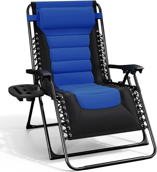 Nestl Outdoor Padded Zero Gravity Chair, Patio Lounge Chair Outdoor Recliner, Oversized Anti Gravity Lounger with Adjustable Headrest and Cup Holder, Foldable for Camping, Yard - Black/Blue