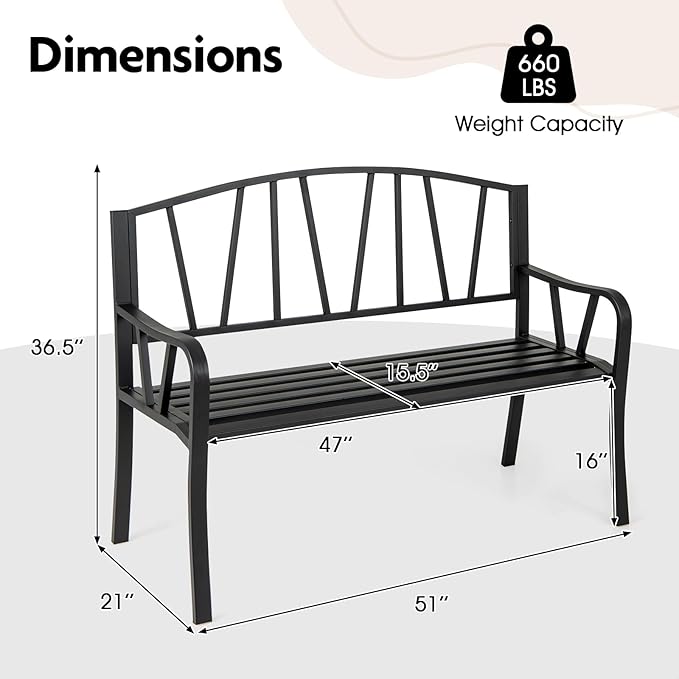 Giantex Garden Bench for Outside 51 Inch, Outdoor Bench with Metal Frame, Patio Metal Bench with Backrest, Armrests and Slatted Seat for Park, Porch, Backyard, 660 lbs Max Load, Black