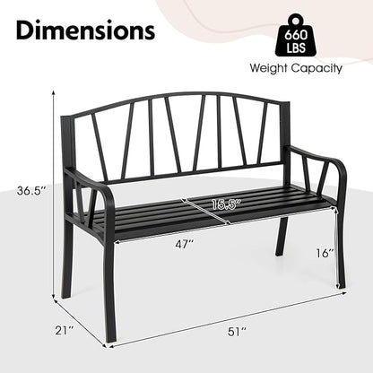 Giantex Garden Bench for Outside 51 Inch, Outdoor Bench with Metal Frame, Patio Metal Bench with Backrest, Armrests and Slatted Seat for Park, Porch, Backyard, 660 lbs Max Load, Black