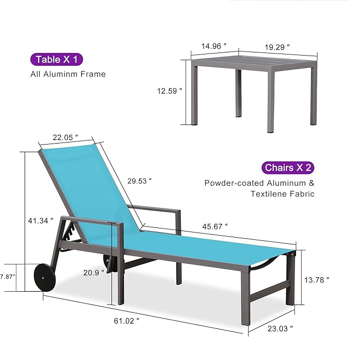 PURPLE LEAF Outdoor Chaise Lounge Set for 2 Aluminum Patio Chaise Lounger Chairs with Armrest and Wheels Adjustable Pool Chaise Lounge Chair for Beach Backyard Deck Poolside Table Included, Blue