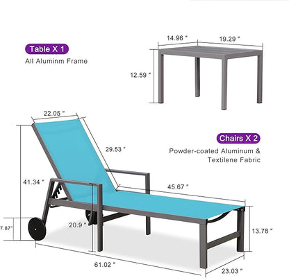 PURPLE LEAF Outdoor Chaise Lounge Set for 2 Aluminum Patio Chaise Lounger Chairs with Armrest and Wheels Adjustable Pool Chaise Lounge Chair for Beach Backyard Deck Poolside Table Included, Blue