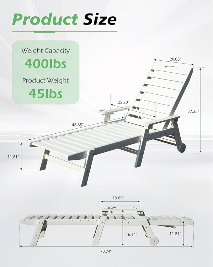 Domi Patio Lounge Chair Outdoor, HDPE Outdoor Chaise Lounge with Reclining Backrest, Pool Lounger Chair for Outside, Poolside, Sunbathing Tanning, White