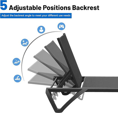Outdoor Lounge Chairs Set of 2, Aluminum Pool Lounge Chairs with 5 Adjustable Backrest and Side Table, Full Flat Patio Lounge Chair for Sunbathing & Tanning, Poolside, Patio, Beach -Dark Grey