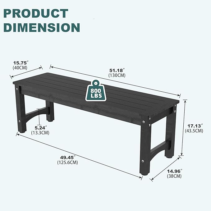 51" 2-Person Outdoor Bench, Weatherproof HIPS Patio Dining Bench Holds up to 800LBS, Poly Lumber Garden Bench with Wood Grains for Porch, Garden, Deck, Entryway, Black