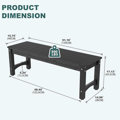 51" 2-Person Outdoor Bench, Weatherproof HIPS Patio Dining Bench Holds up to 800LBS, Poly Lumber Garden Bench with Wood Grains for Porch, Garden, Deck, Entryway, Black
