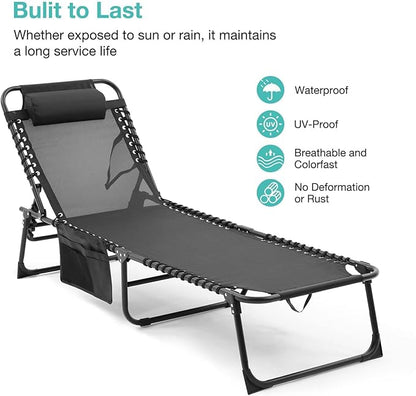 Folding Chaise Lounge Chair Set of 2, Patio Sun Tanning Chair with 4-Position Reclining Back, Breathable Mesh Outdoor Lounge Chair for Pool Beach, Adjustable Footrest, Portable, Black