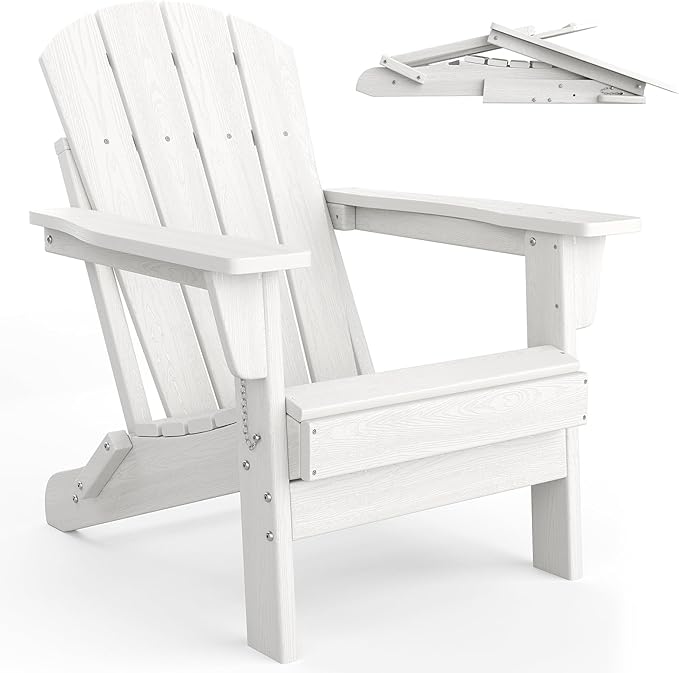 GarveeLife Folding Adirondack Chairs Set of 4 with 2 Side Table, HDPE Plastic Outdoor Chairs with Wood Texture - 380 LBS & Weather Resistant for Fire Pit, Deck, Patio, Pool, Backyard - White