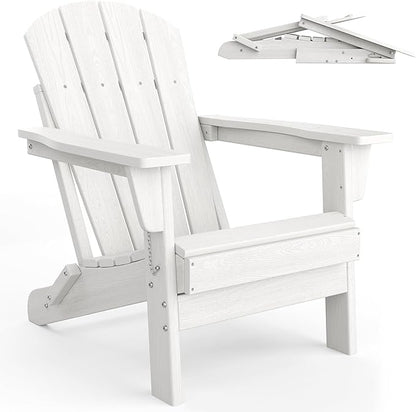 GarveeLife Folding Adirondack Chairs Set of 2, HDPE Plastic Outdoor Chairs with Wood Texture - 380 LBS & Weather Resistant for Fire Pit, Deck, Patio, Pool, Backyard - White