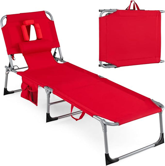 Giantex Face Down Tanning Chair, Folding Beach Lounge Chair w/ 4-Position Adjustable Backrest, Outdoor Sunbathing Lounge Chair w/Face Arm Holes & Storage Pocket for Patio Deck Poolside (1, Red)