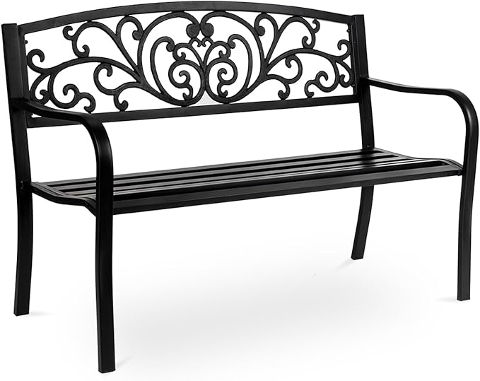 50 x 19 x 34 Outdoor Garden Bench Patio Furniture Chair Outdoor Bench, Solid Iron Frame, Ideal for Front/Backyard Decor