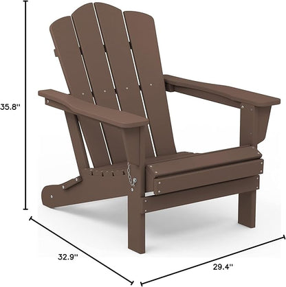 KINGYES Folding Adirondack Chair, HDPE All-Weather Patio Chairs, Wooden Textured Lawn Chair for Poolside, Backyard, Deck, Fire Pit, Brown