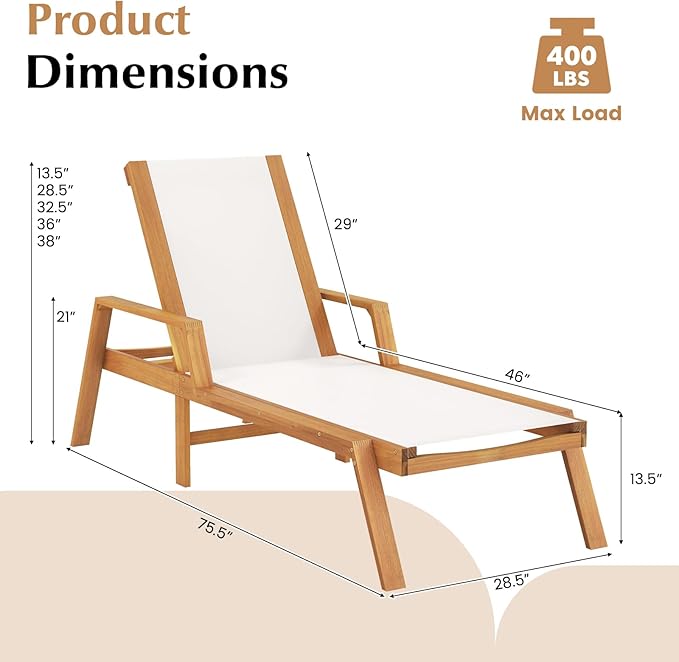 Tangkula Outdoor Wood Chaise Lounge Chair, Patio Sun Lounger with Adjustable Back, Eucalyptus Wood Lounge Chair with Breathable Fabric for Poolside Lawn Backyard (1, 75.5 inches)