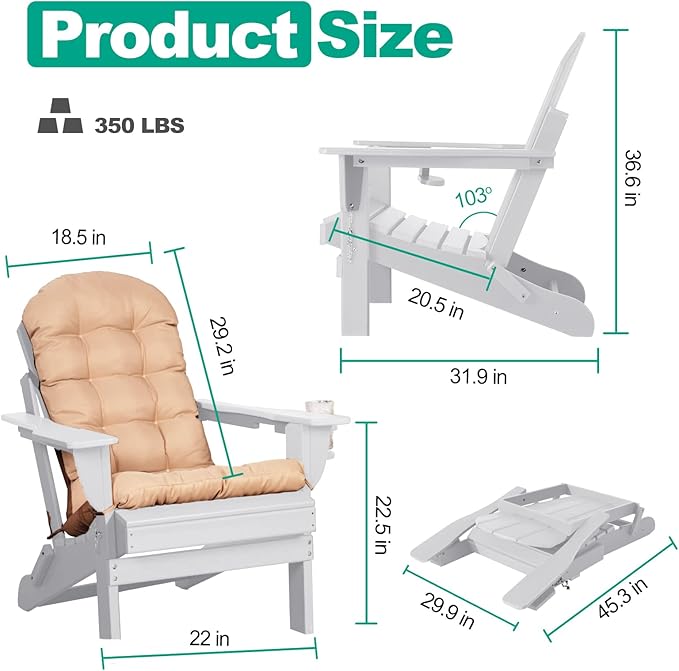 Adirondack Chairs Set of 2 with Cushions & Cup Holders, HDPE Weather Resistant Folding Adirondack Chair for Adults - Photo 3