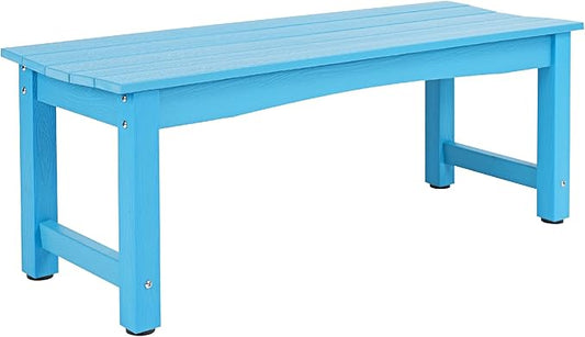 Weatherproof HIPS Outdoor Bench, 2-Person Patio Dining Bench, All-Weather Poly Lumber Garden Bench, Never Rot or Fade, Park Bench with Wood Grains for Porch, Garden, Deck, Entryway, Blue