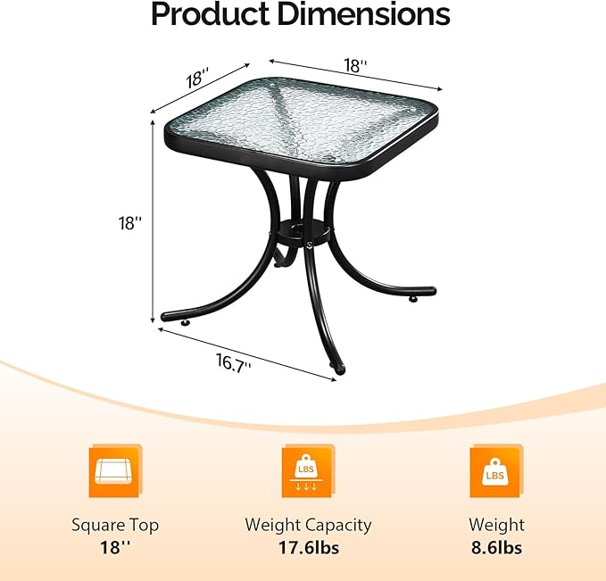 VINGLI Outdoor Side Table, 18" Patio Table Steel Frame Tempered Glass Top - Photo 3